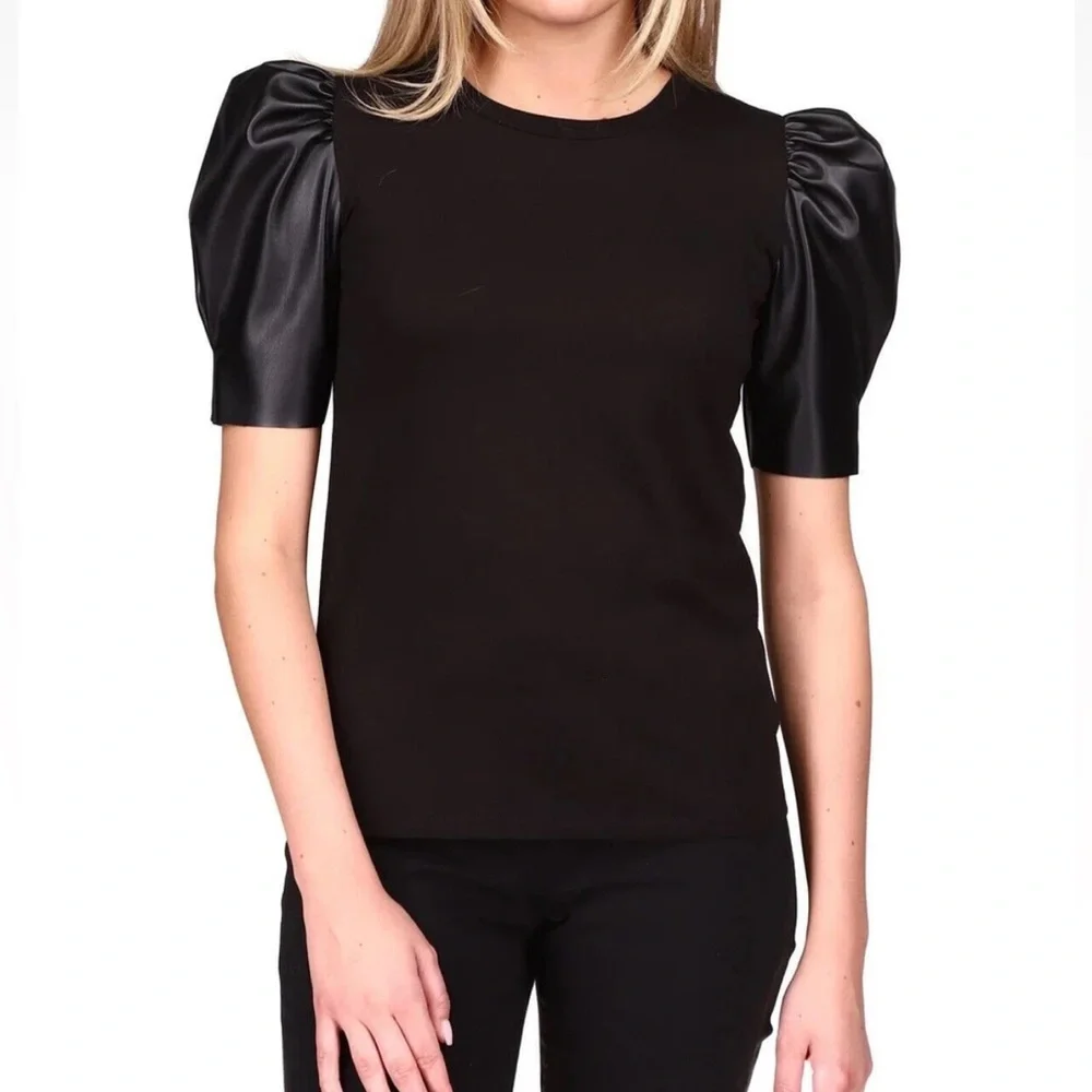 Michael Kors black shirt with faux leather puff sleeves - Picture 1 of 4